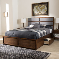 Baxton Studio MG4810-Dark Grey/Walnut-King Macey Modern and Contemporary Dark Grey Fabric Upholstered Walnut Finished King Size Storage Platform Bed